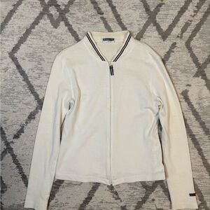 Vintage Y2K White Zip-Up Jacket with Striped Collar